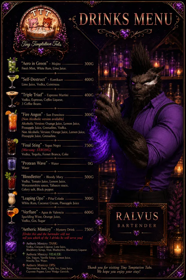 Drinks menu at Tiny Temptation Tubs, served by Ralvus the bartender