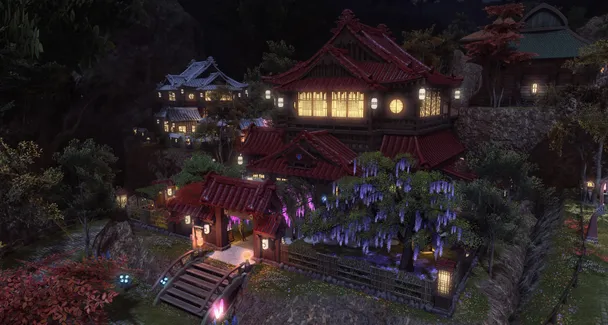 Exterior view of the bathhouse at night